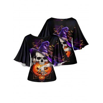 Halloween Pumpkin Face Skull Skeleton Hat Bat Print Round Neck Flare Sleeve Summer T-shirt