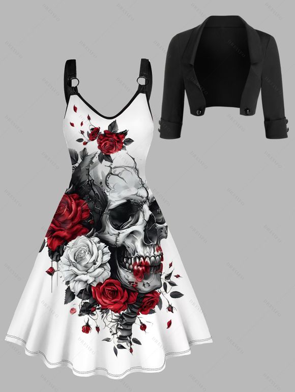 Solid Color Open Front Crop Jacket and Rose Injured Skull Print V Neck Dress Outfit - Blanc S | US 4