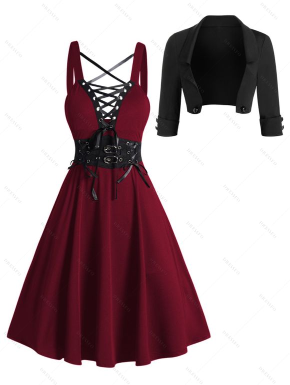 Solid Color Open Front Crop Jacket and Lace Up Buckle Strap Crisscross Dress Outfit - Rouge foncé S | US 4