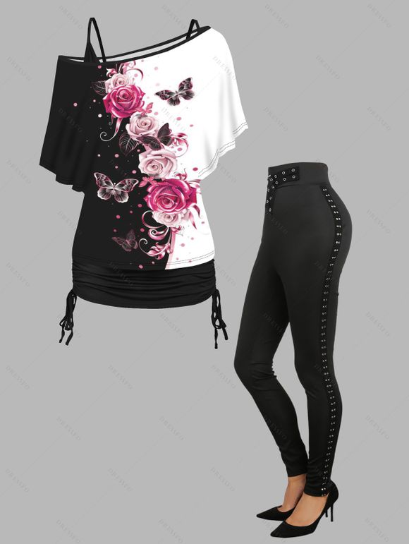 Rose Butterfly Print T-shirt And Cinched Top Set and Solid Color Buckle Grommet Pants Outfit - Noir S | US 4