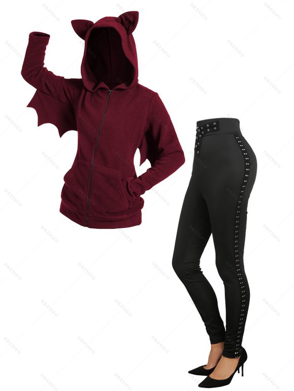 Solid Color Costume Bat Fleece Zip Up Hooded Jacket and Buckle Grommet Waist Long Pants Outfit - Rouge foncé S | US 4