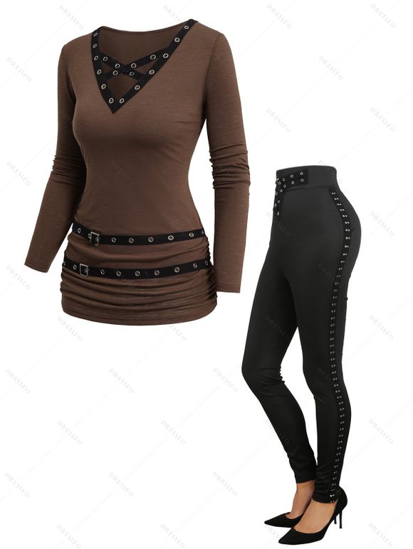 Solid Color V Neck Belt Top and Buckle Grommet Long Pants Outfit - Café profond S | US 4