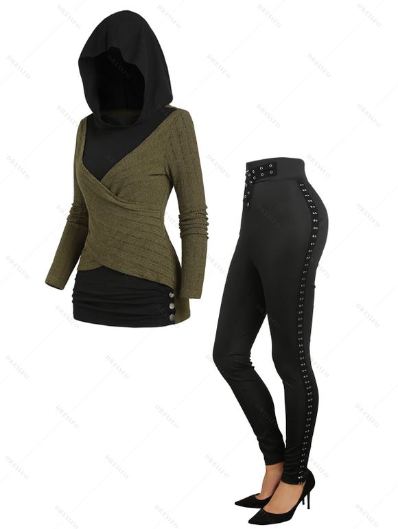 Textured Crossover 2 In 1 Sweater and Solid Color Buckle Grommet Long Pants Outfit - Noir S | US 4