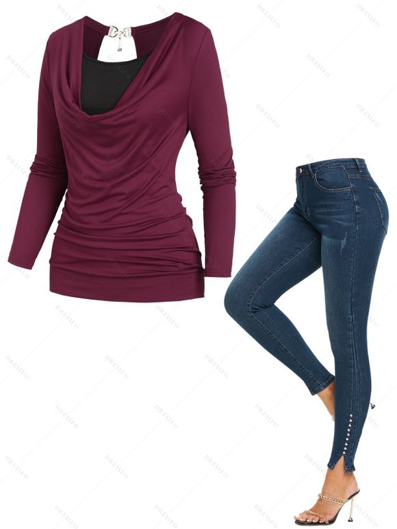 Solid Plain Cowl Neck T Shirt with Crop Cami Top Suit and Studded Slit Jeans Outfit - Rouge foncé S | US 4