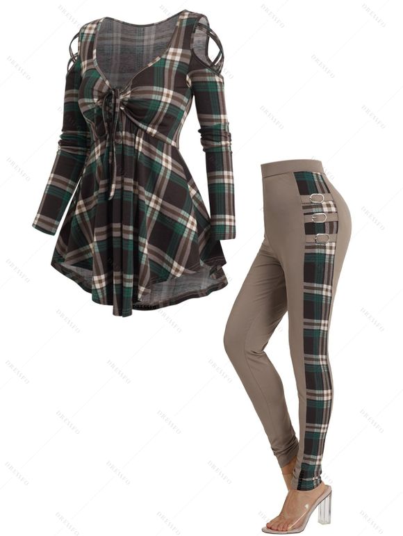 Plaid Lattice Cut Out Ruched Top and Panel Buckle Strap Leggings Outfit - café S | US 4