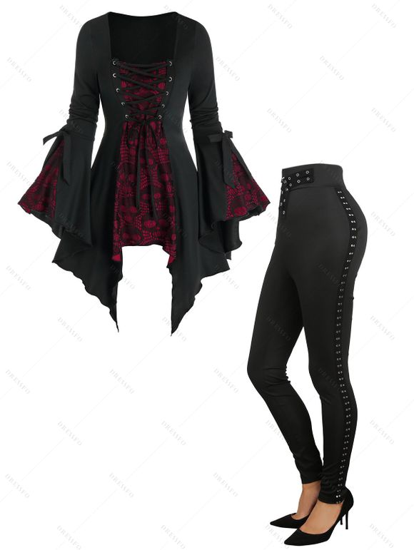 Gothic Skull Lace Insert Asymmetric T-shirt and Solid Color Buckle Grommet Pants Outfit - Noir S | US 4