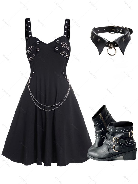 Plain Color Grommet Buckle Chain Midi Dress and Rivet Buckle Strap Punk Boots O Ring Buckle Choker Necklace Outfit - Noir S | US 4