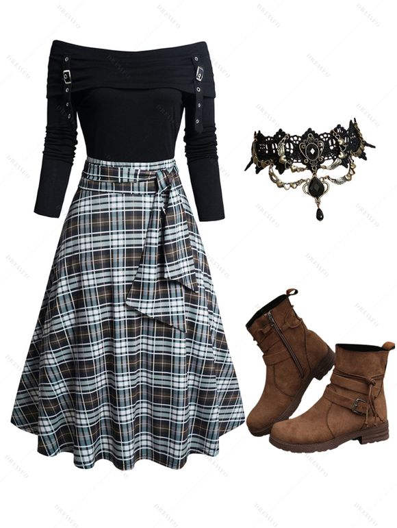 Plaid Print Off The Shoulder Tie Shoulder Dress and Zip Up Buckle Boots Hollow Out Gothic Necklace Outfit - Noir S | US 4