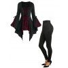 Gothic Skull Lace Insert Asymmetric T-shirt and Solid Color Buckle Grommet Pants Outfit - Noir S | US 4