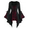 Gothic Skull Lace Insert Asymmetric T-shirt and Solid Color Buckle Grommet Pants Outfit - Noir S | US 4