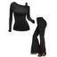 Solid Color Adjustable Buckle Shoulder Tee and Flower Lace Patchwork Flare Pants Outfit - Noir S | US 4