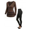 Solid Color V Neck Belt Top and Buckle Grommet Long Pants Outfit - Café profond S | US 4