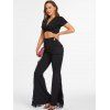 Solid Color Adjustable Buckle Shoulder Tee and Flower Lace Patchwork Flare Pants Outfit - Noir S | US 4