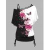 Rose Butterfly Print T-shirt And Cinched Top Set and Solid Color Buckle Grommet Pants Outfit - Noir S | US 4