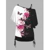 Rose Butterfly Print T-shirt And Cinched Top Set and Solid Color Buckle Grommet Pants Outfit - Noir S | US 4