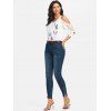 Cold Shoulder Ruffle Blouse Plain Top and Studded Slit Dark Jeans Oufit - café S | US 4