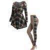 Plaid Lattice Cut Out Ruched Top and Panel Buckle Strap Leggings Outfit - café S | US 4