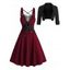 Solid Color Open Front Crop Jacket and Lace Up Buckle Strap Crisscross Dress Outfit - Rouge foncé S | US 4