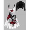 Solid Color Open Front Crop Jacket and Rose Injured Skull Print V Neck Dress Outfit - Blanc S | US 4