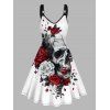 Solid Color Open Front Crop Jacket and Rose Injured Skull Print V Neck Dress Outfit - Blanc S | US 4