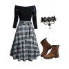 Plaid Print Off The Shoulder Tie Shoulder Dress and Zip Up Buckle Boots Hollow Out Gothic Necklace Outfit - Noir S | US 4