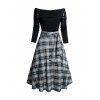 Plaid Print Off The Shoulder Tie Shoulder Dress and Zip Up Buckle Boots Hollow Out Gothic Necklace Outfit - Noir S | US 4