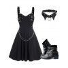 Plain Color Grommet Buckle Chain Midi Dress and Rivet Buckle Strap Punk Boots O Ring Buckle Choker Necklace Outfit - Noir S | US 4