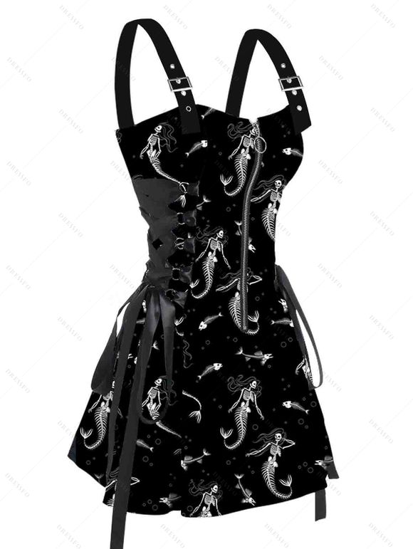 Mini Robe Papillon Squelette Imprimés à Demi-Zip à Lacets - Noir XL | US 10