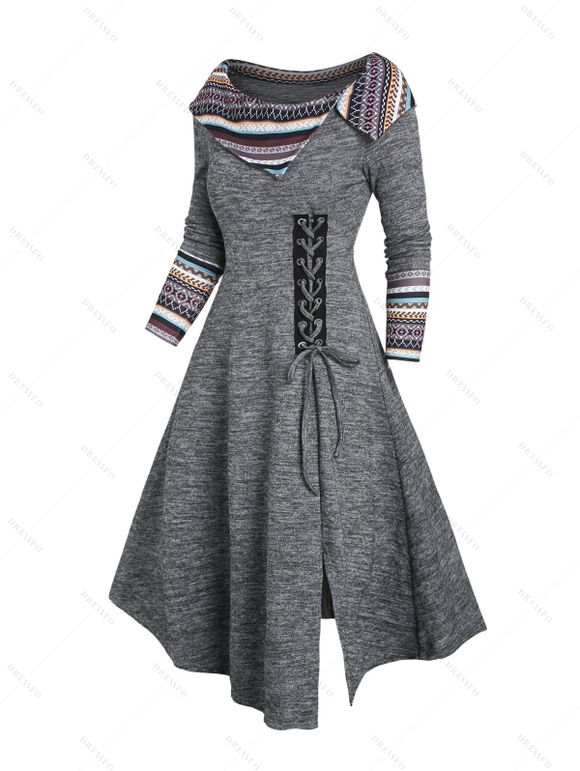 Robe Tribale Imprimée Jointive Rayée en Arc-en-ciel à Manches Longues à Col Relevé - Gris Clair XL | US 12