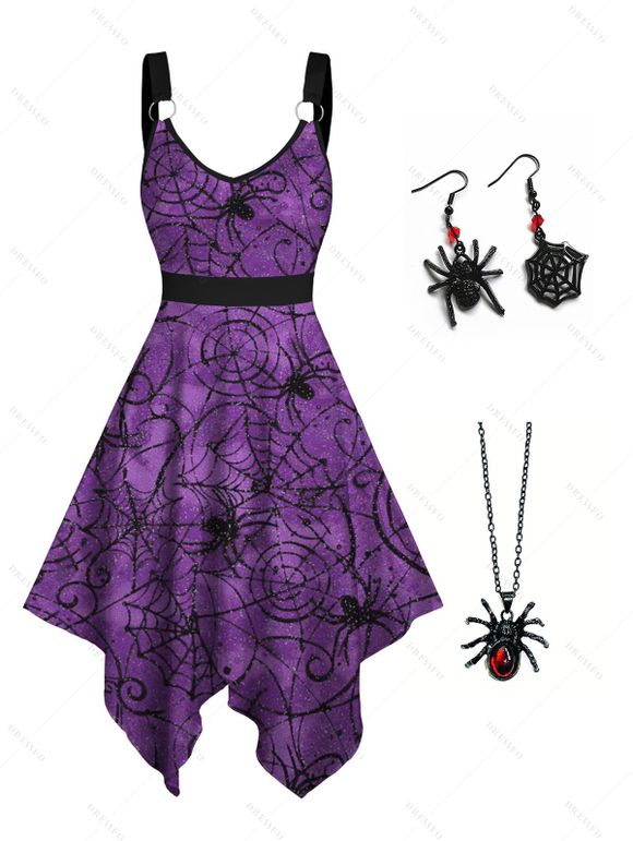 Gothic Spider Web Print V Neck Tank Dress and Faux Crystal Punk Necklace Dangle Earrings Outfit - Concorde S | US 4