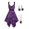 Gothic Spider Web Print V Neck Tank Dress and Faux Crystal Punk Necklace Dangle Earrings Outfit - Concorde S | US 4