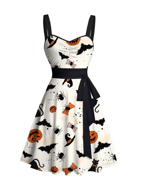 Robe D'Eté Chat Citrouille et Chauve-souris Imprimés Ceinturée Au Poitrine