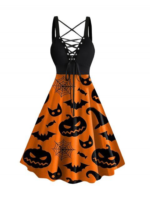 Halloween Pumpkin Face Spider Web Bat Hat Print Lace Up Dress Sleeveless Summer Dress