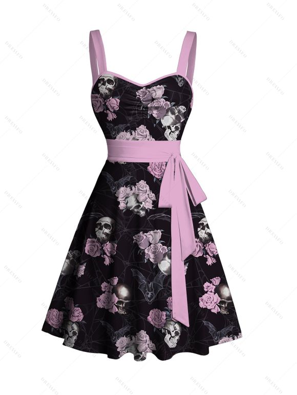 Robe D'été Ceinturée Imprimé Rose et Crâne à Encolure en Coeur - Noir M | US 6
