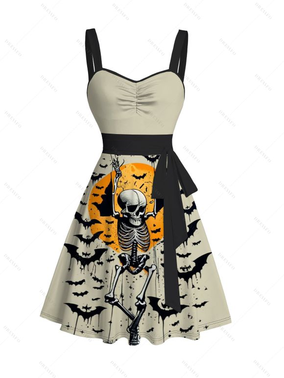 Robe D'Eté D'Halloween Ceinturée Chauve-souris Squelette Imprimés à Col en Forme de Cœur - Beige S | US 4
