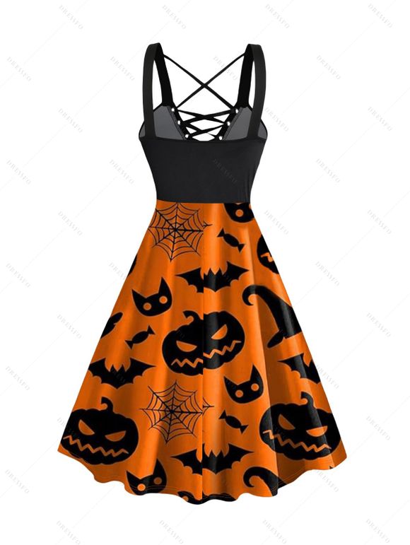 Robe D'Eté D'Halloween Citrouille et Chauve-souris Imprimés à Lacets sans Manches - Orange Foncé S | US 4