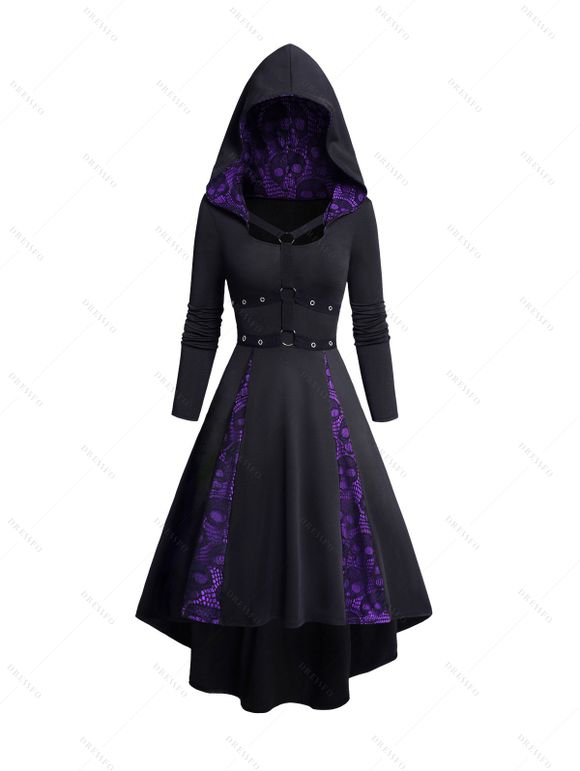 Robe à Capuche Haute Basse Jointif en Dentelle à Manches Longues avec Œillet - Noir XXL | US 14