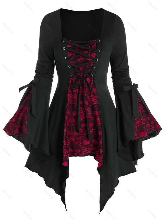 T-shirt Mouchoir Gothique Asymétrique Crâne en Dentelle Insérée à Manches Evasées à Lacets - Noir M | US 6