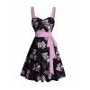 Robe D'été Ceinturée Imprimé Rose et Crâne à Encolure en Coeur - Noir M | US 6