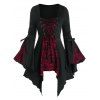 Gothic Skull Lace Insert Asymmetric T-shirt Lace-up  Flare Sleeve Handkerchief Tee