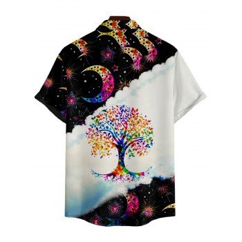 Men's Galaxy Rainbow Tree Moon Print Roll Up Sleeve Shirt Button Up Short Sleeve Casual Shirt