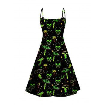 Galaxy Skull Mushroom Print V Neck High Waist Spaghetti Strap Dress Sleeveless Summer A Line Cami Dress