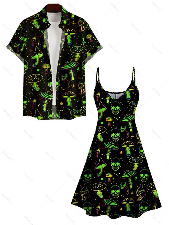 Galaxy Skull Mushroom Print V Neck High Waist Spaghetti Strap Dress and Roll Up Sleeve Shirt Outfit - Noir S | US 4