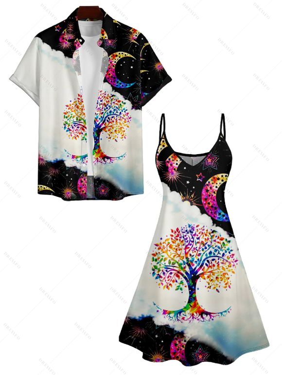 Galaxy Rainbow Tree Moon Print V Neck High Waist Spaghetti Strap Dress and Roll Up Sleeve Shirt Outfit - Noir S | US 4