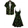 Galaxy Skull Mushroom Print V Neck High Waist Spaghetti Strap Dress and Roll Up Sleeve Shirt Outfit - Noir S | US 4