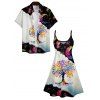 Galaxy Rainbow Tree Moon Print V Neck High Waist Spaghetti Strap Dress and Roll Up Sleeve Shirt Outfit - Noir S | US 4