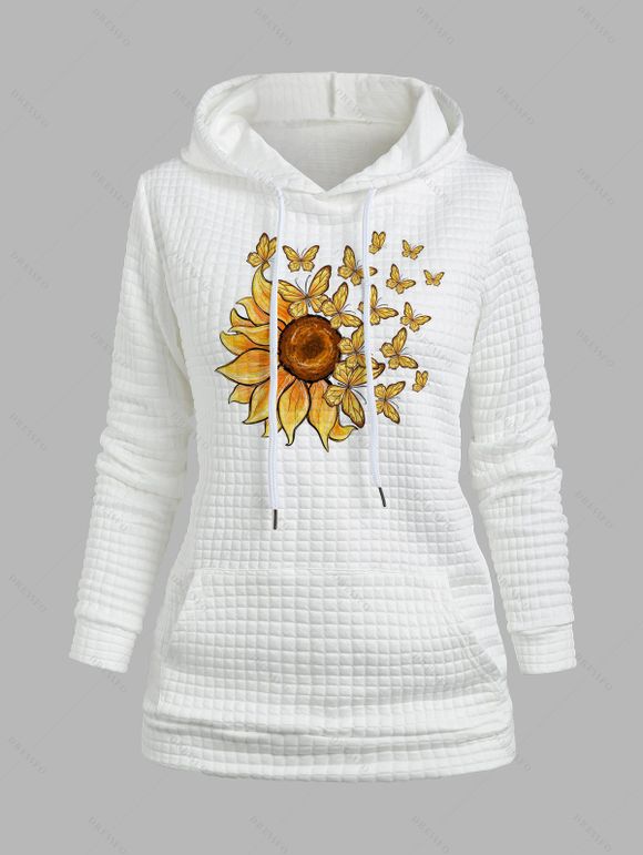 Sweat à Capuche à Carreaux Graphique Tournesol Imprimé avec Poche à Cordon - Blanc XL | US 12