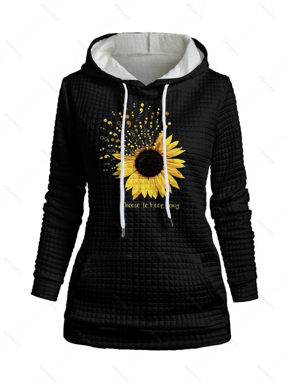 Sweat à Capuche à Carreaux Graphique Tournesol Imprimé avec Poche à Cordon - Noir XXL | US 14