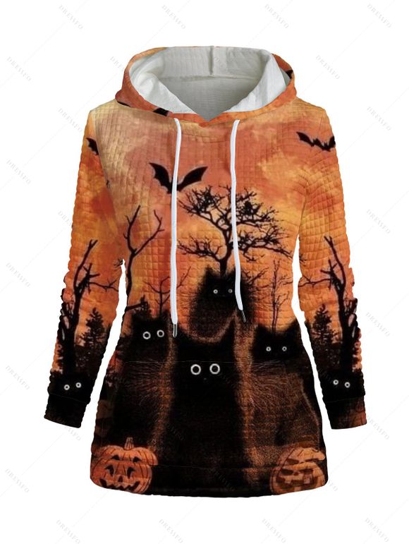 Sweat à Capuche D'Halloween Fumée Graphique Citrouille Chauve-souris Imprimés avec Poche à Cordon - Orange Foncé XXL | US 14