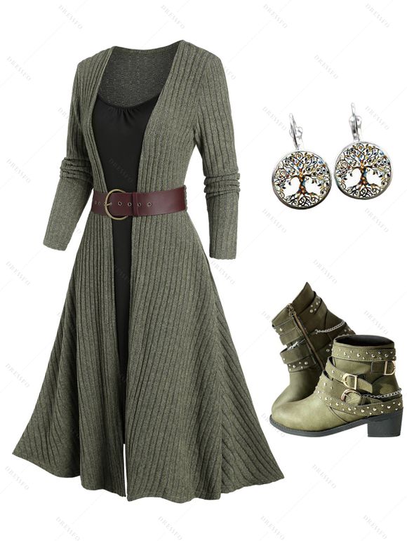 Rib Contrast Long Sleeve 2 In 1 Knit Dress and Zip Up Chunky Heel Punk Boots Life Tree Pattern Hoop Drop Earrings Outfit - Vert profond S | US 4